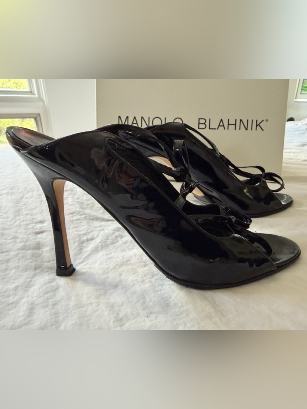Manolo Blahnik Claudia Black Patent Ankle-Tie Sandals. Size 37 1/2.